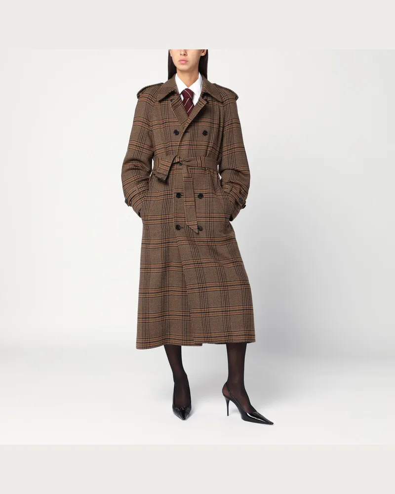 Saint Laurent Doppelreihiger Mantel aus Prince-of-Wales-Wolle Braun