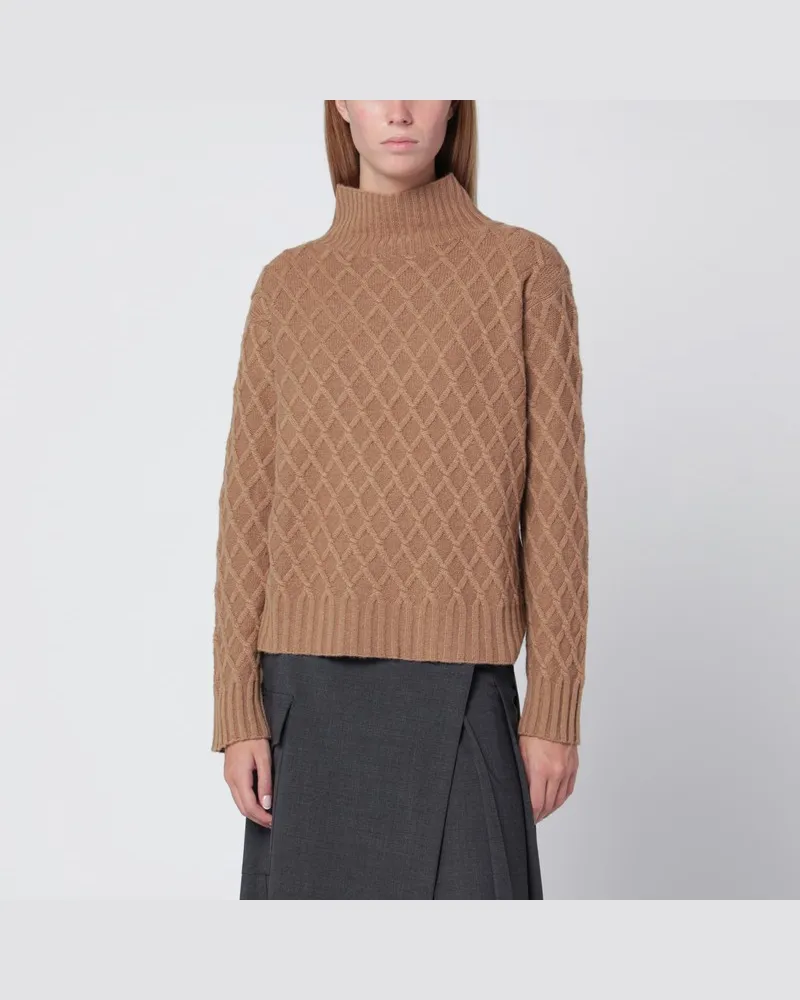 Max Mara Kamelbeiger Rollkragenpullover mit Zopfmuster Beige
