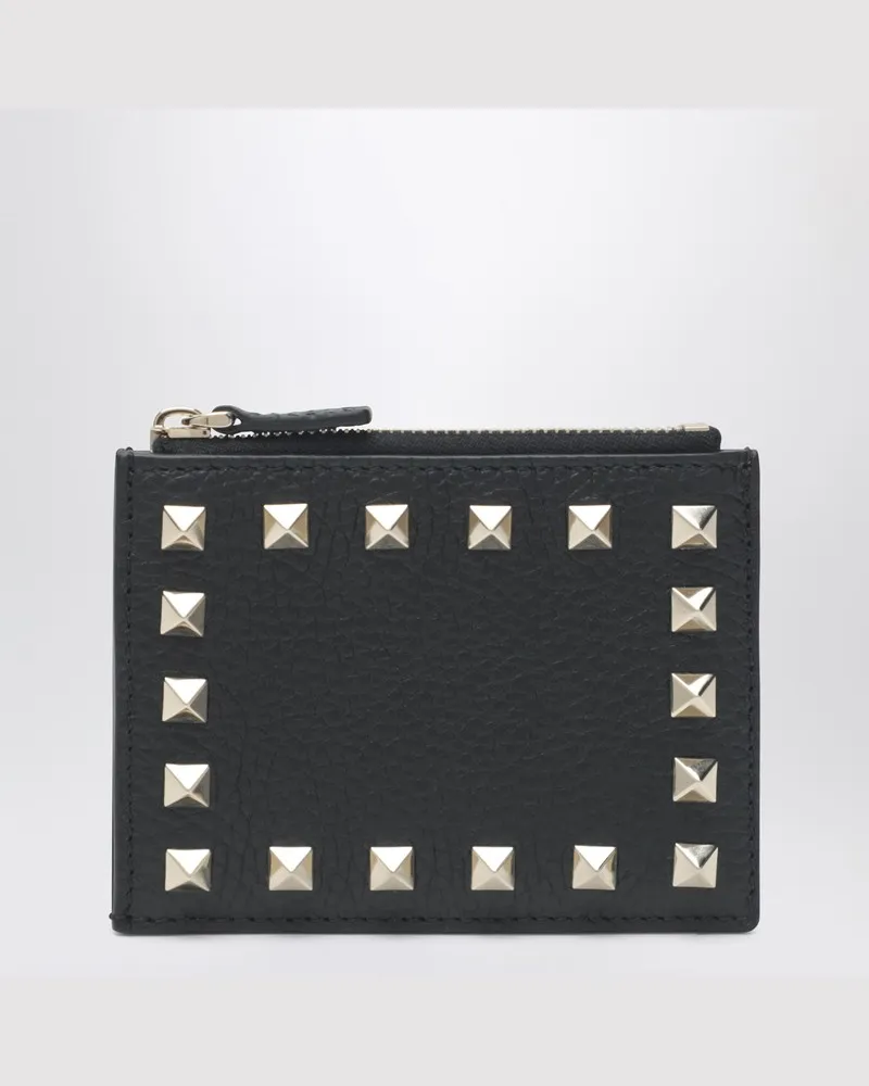 Valentino Garavani Rockstud Kartenetui mit Reißverschluss aus schwarzem Leder 