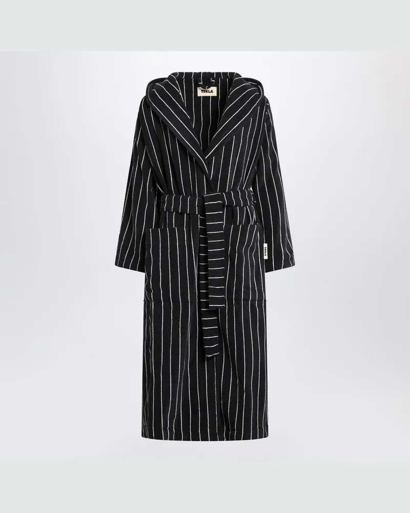 TEKLA Schwarzer Bademantel mit weißen Streifen Black