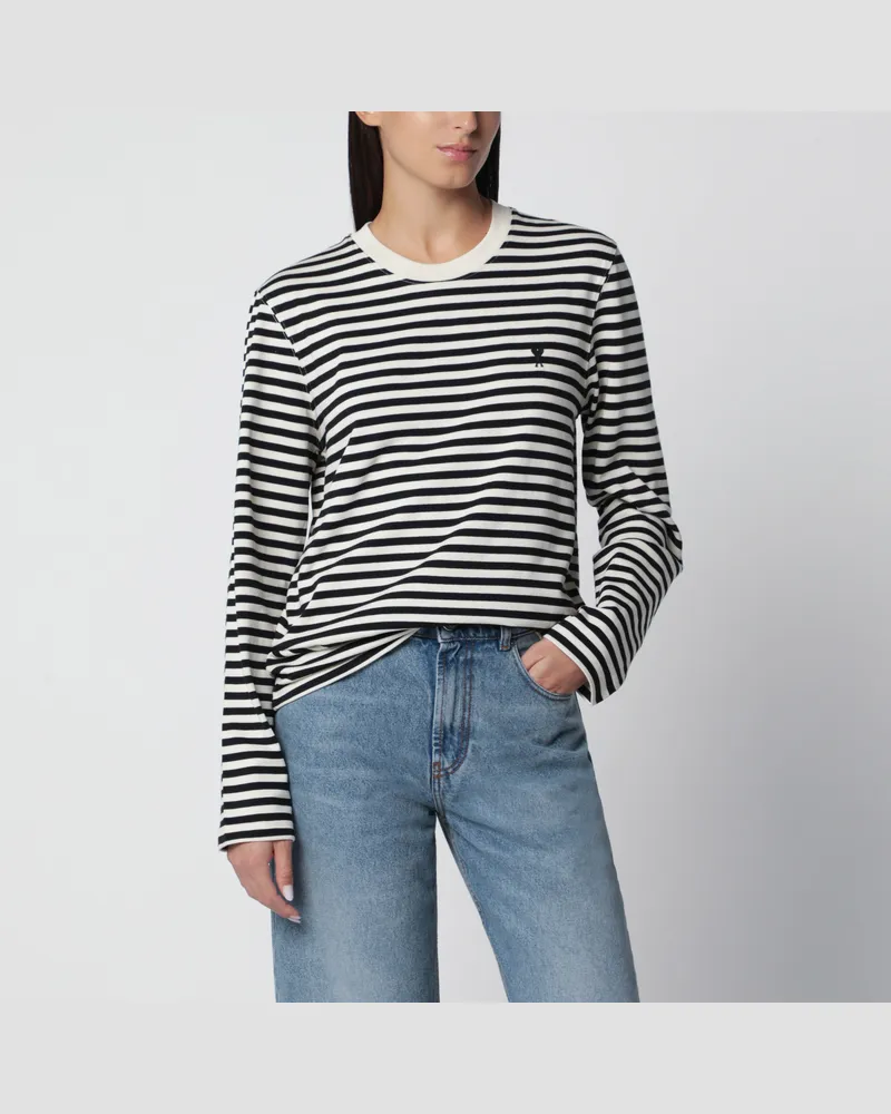 AMI Paris Schwarz/elfenbein gestreiftes Ami de Coeur T-Shirt Black