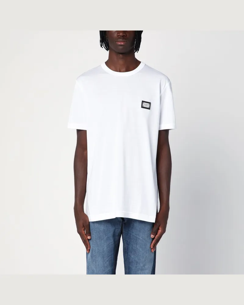 Dolce & Gabbana Weißes T-Shirt mit Logoplakette Weiß
