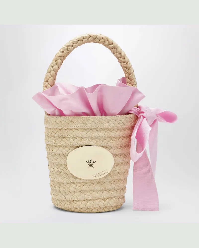 Patou Vanillefarbene Bucket Bag aus Stroh mit Logo Pink