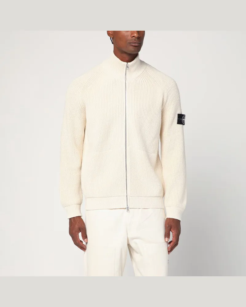 Stone Island Elfenbeinfarbener Cardigan mit Reißverschluss aus Baumwolle Weiß