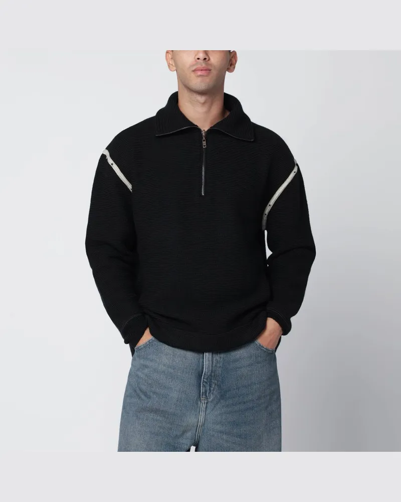 Maison Margiela Schwarzer Wollpullover mit Halbzipper Schwarz