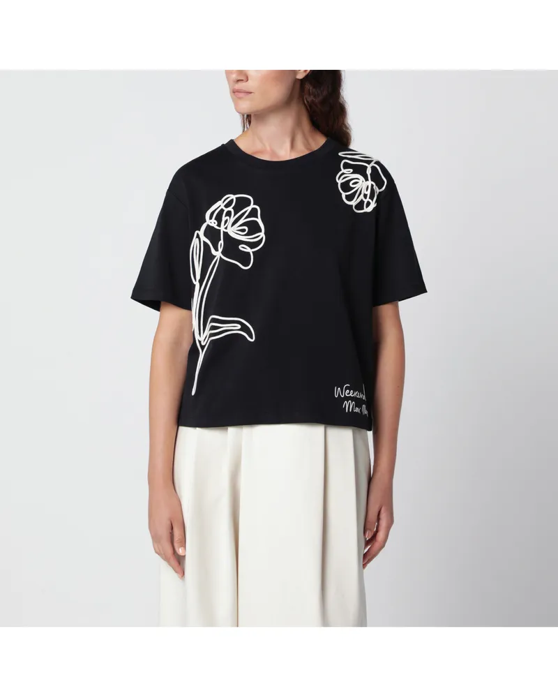 Max Mara Schwarzes T-Shirt aus Baumwolle mit Blumenstickerei Black