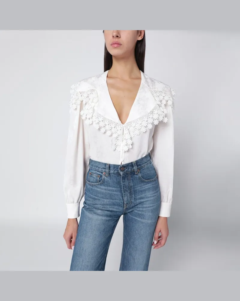 Chloé Jacquard- und Spitzenbluse mit großem Kragen Weiß