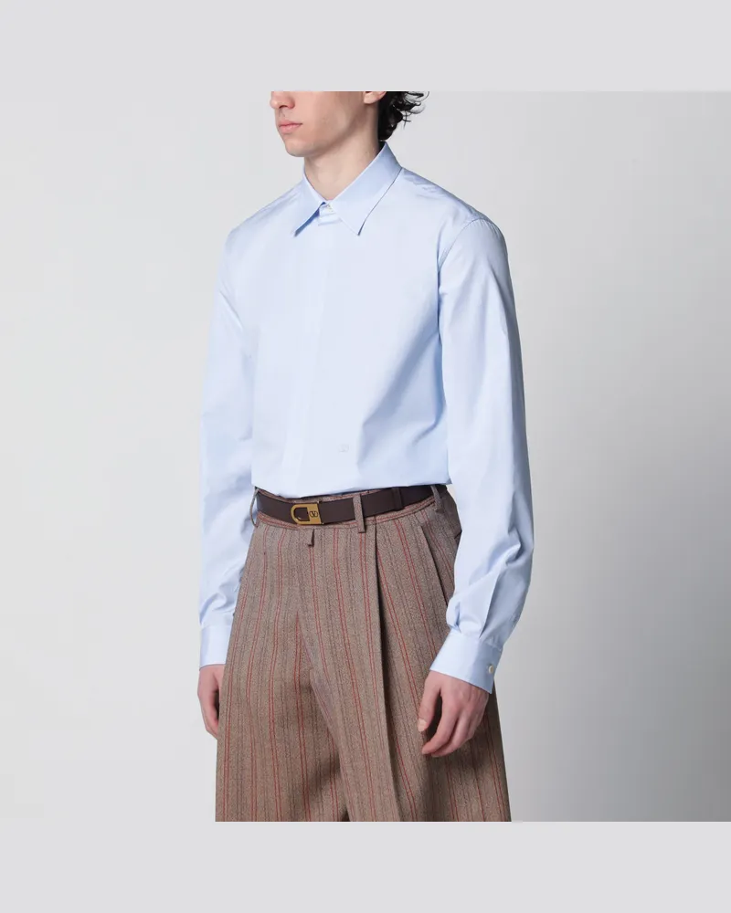 Valentino Garavani Hellblaues Fil-à-fil-Baumwollhemd mit VLogo-Stickerei Light