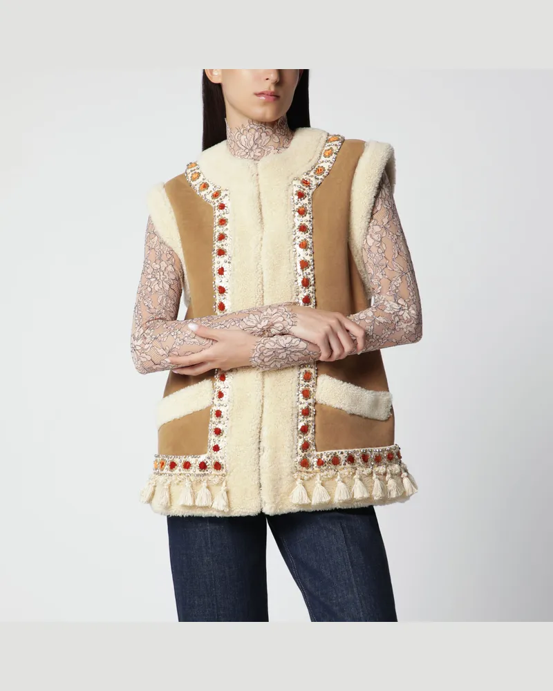 Valentino Garavani Weste in Kamelfarbe aus Lammfell und Veloursleder Beige