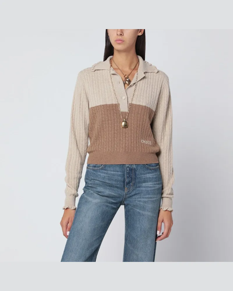 Chloé Zweifarbiger Woll-Kaschmir-Zopfpullover Braun