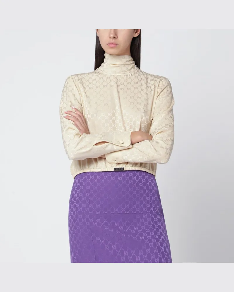 Gucci Elfenbeinfarbene GG Jacquard-Seidenbluse mit Wickeldesign Grün