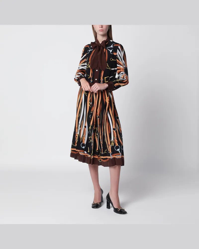 Gucci Schwarzes/Braunes Seidenhemdkleid mit Reitsport-Print Black