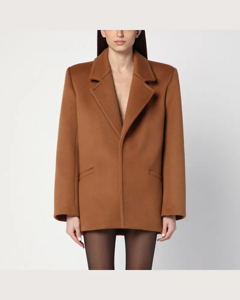 Saint Laurent Kurzer camelfarbener Mantel aus Wolle Brown