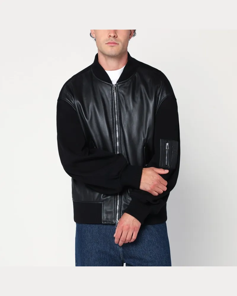 Givenchy Schwarze Lederbomberjacke mit Wollärmeln Schwarz