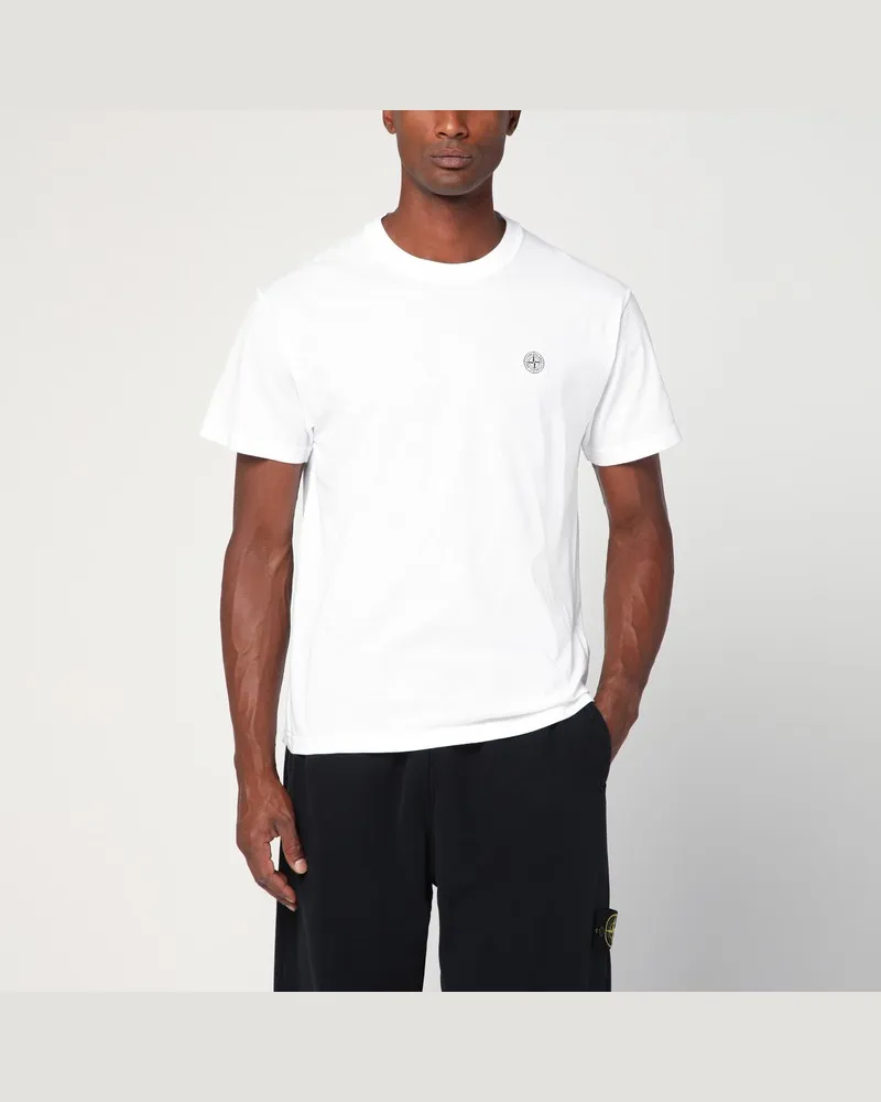 Stone Island Weißes Baumwoll-T-Shirt mit Logo-Aufnäher Weiß