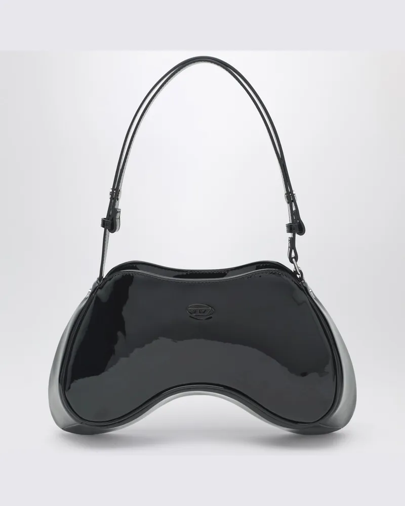 Diesel Double-D Schultertasche aus schwarzem Lackleder Schwarz