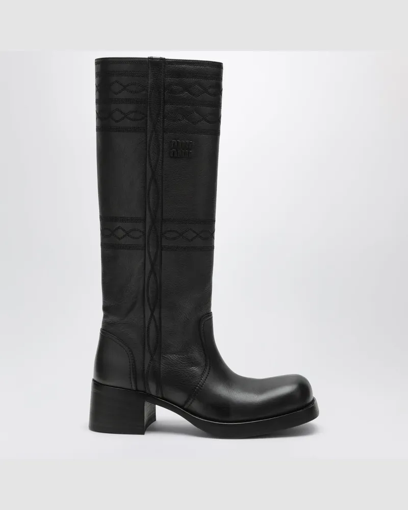 Miu Miu Anthrazitgraue Lederstiefel mit Stickereien Grey