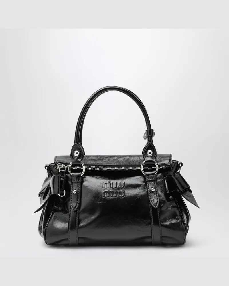 Miu Miu Mittelgroße Handtasche aus glänzendem schwarzem Leder Black