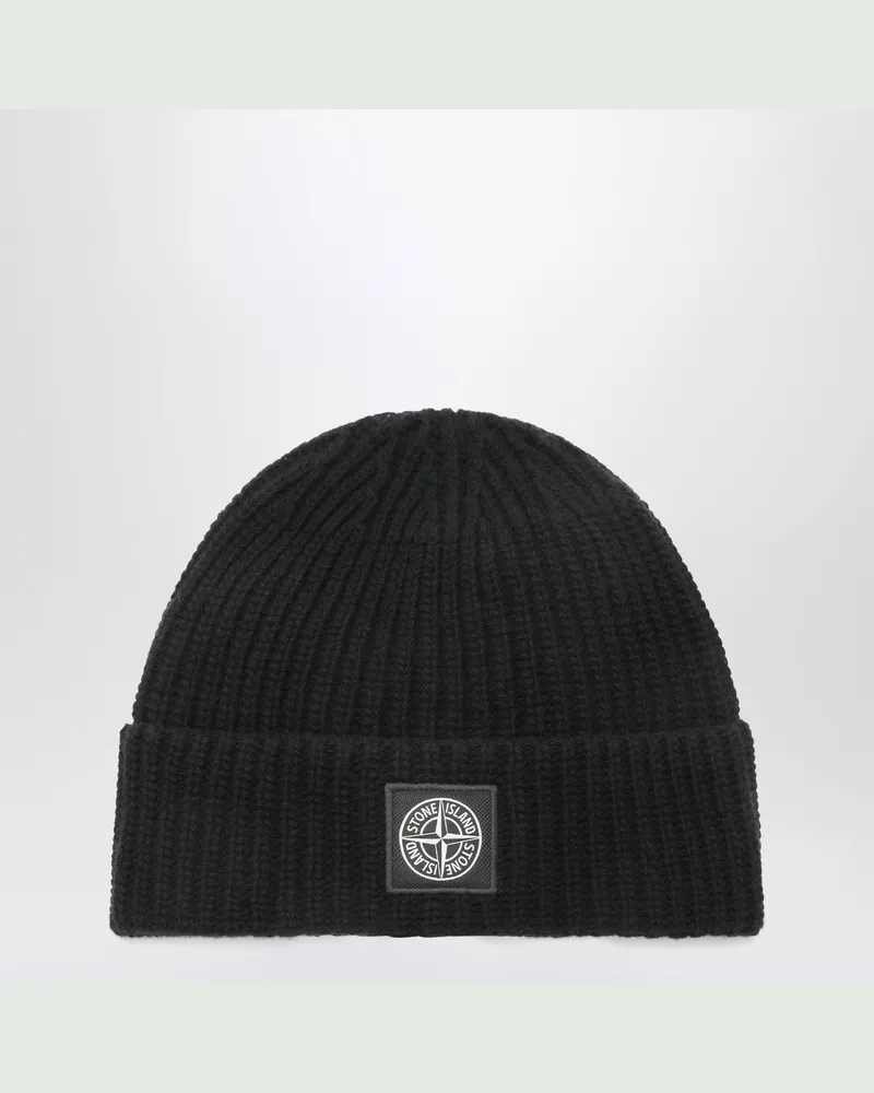 Stone Island Schwarze Wollmütze mit Compass-Patch Black