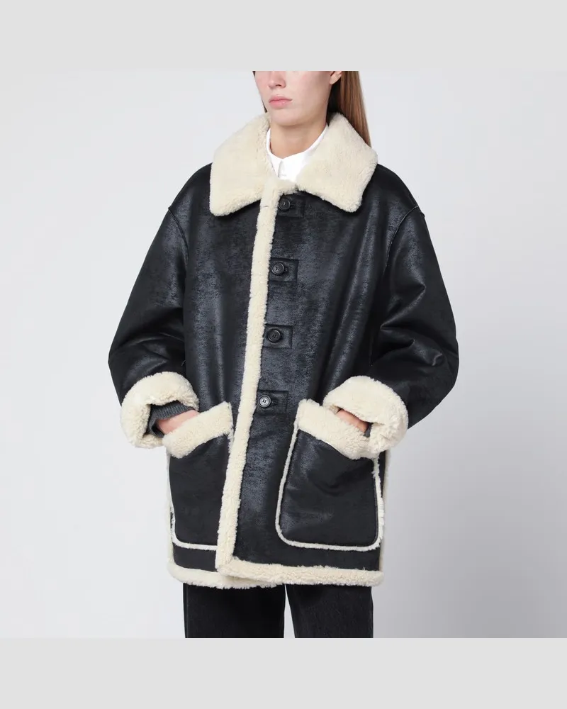 Dunst Schwarzer Kunstledermantel mit Shearling-Effekt Schwarz