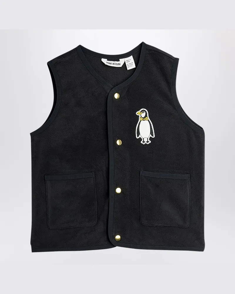 Mini Rodini Schwarze Mikrofleece-Weste mit Pinguin-Aufnäher Black