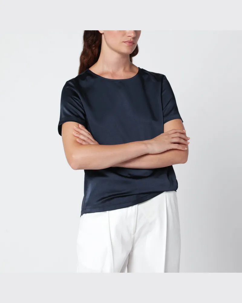 Max Mara Blaues Satin-T-Shirt mit Rundhalsausschnitt Blue