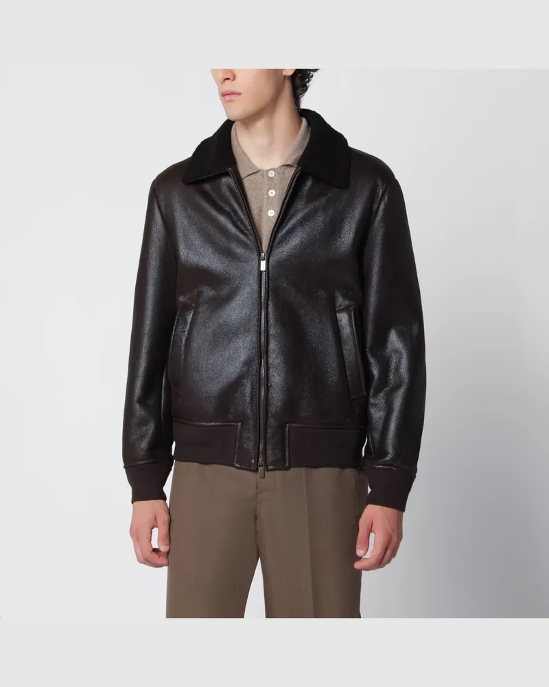 Salvatore Santoro Dunkelbraune Lederjacke mit Reißverschluss Brown