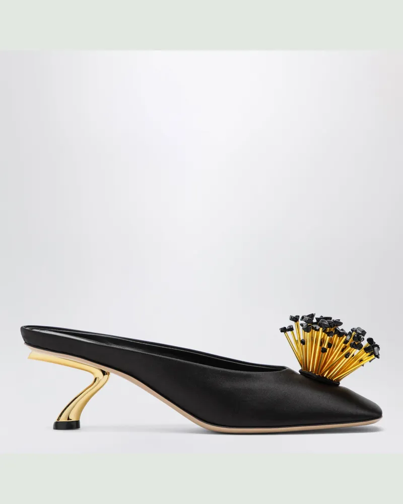 Ferragamo Schwarze Mules mit skulpturalem Absatz und Kristallblume Black