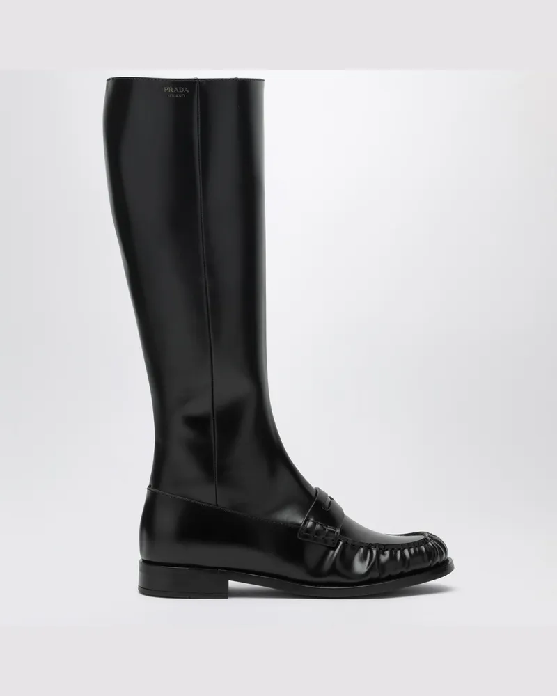 Prada Penny Stiefel aus schwarzem glänzendem Leder Black