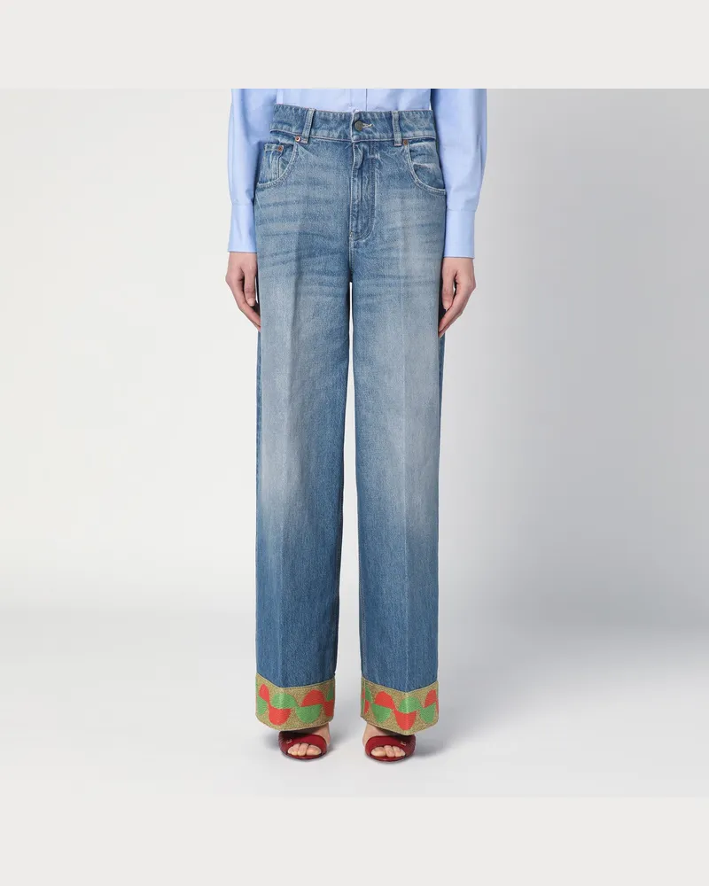 Valentino Garavani Blaue ausgewaschene Jeans mit Jacquard-Saum Blue