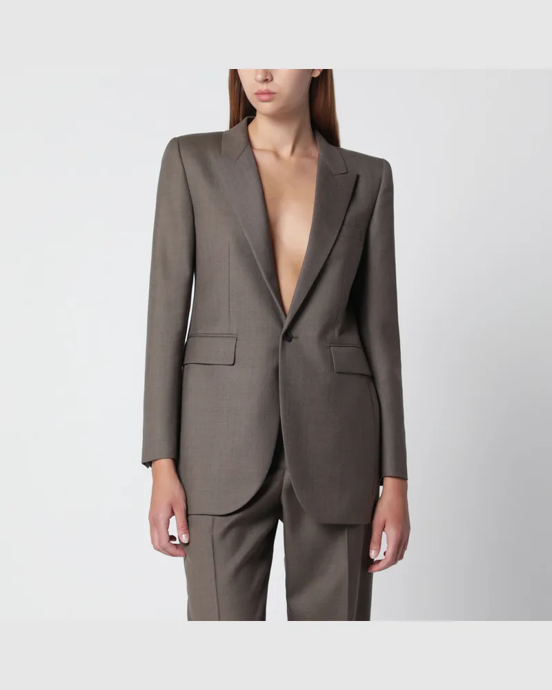 Saint Laurent Einreihige Jacke aus taupefarbener Schurwolle Brown