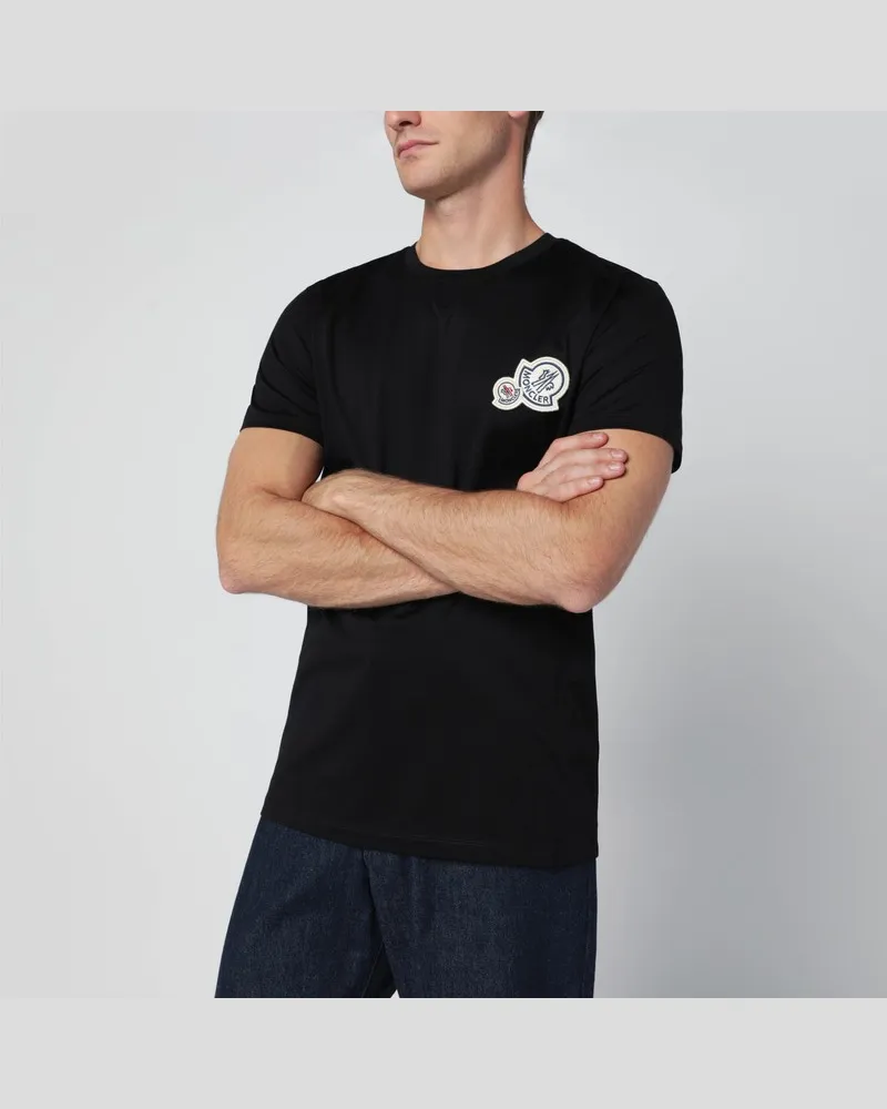 Moncler Schwarzes Rundhals-T-Shirt mit Multipatches Schwarz