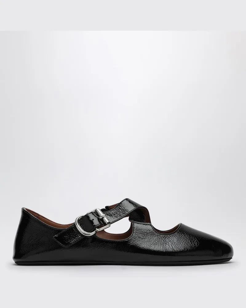 Alaïa Schwarzer flacher Ballerina aus Lackleder mit Kreuzriemen