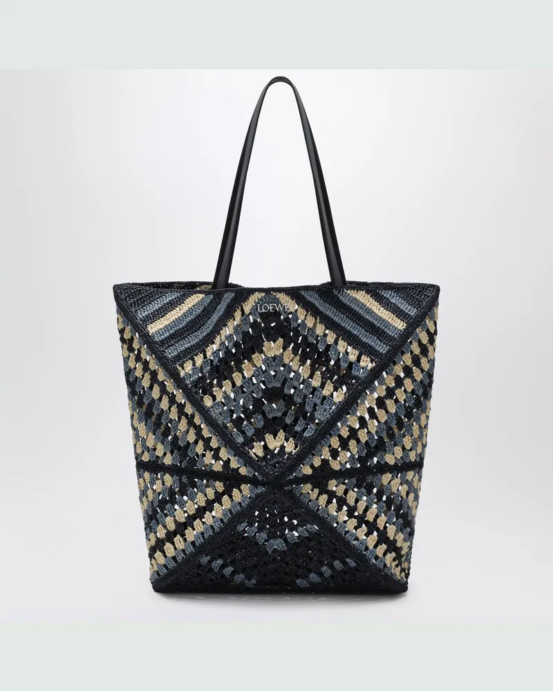 Loewe XL Puzzle Fold Tote Bag aus Raffia in Marineblau/Hellblau Blue
