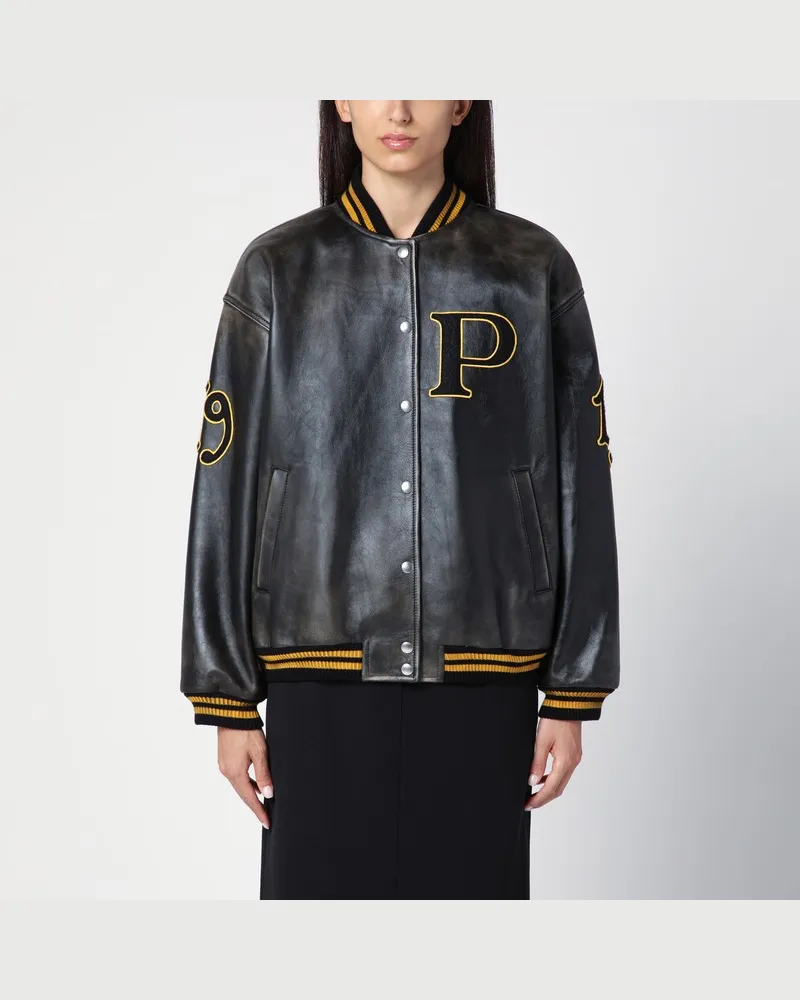 Prada Schwarze Bomberjacke aus Vintage-Leder mit Aufnäher Schwarz