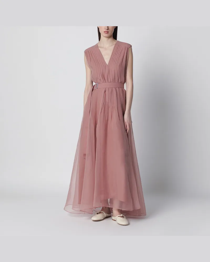 Brunello Cucinelli Rosa Crispy-Seidenkleid mit Gürtel 