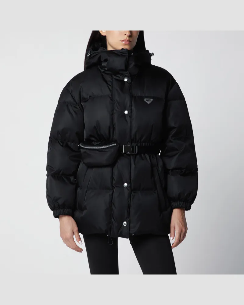 Prada Re-Nylon Daunenjacke mit Kapuze in Schwarz Black