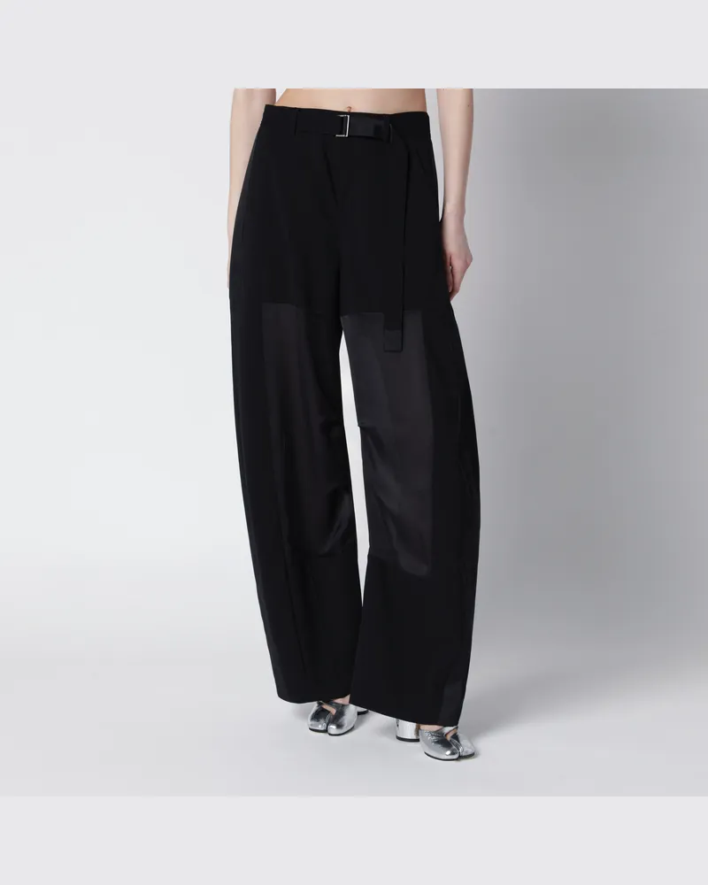 Sacai Weite Wollhose mit Einsätzen und Gürtel Black