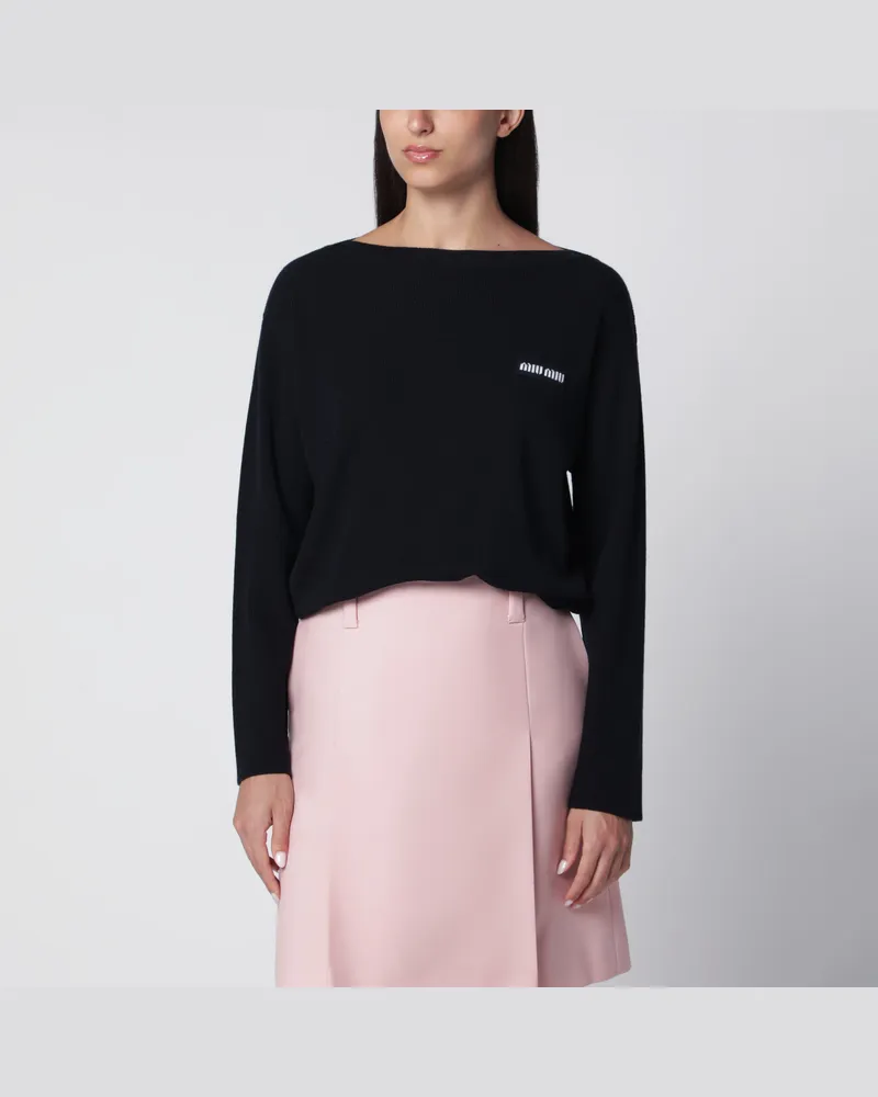 Miu Miu Blauer Pullover aus Schurwolle mit Logo-Intarsie Blue