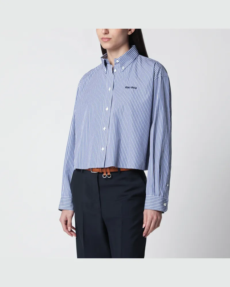 Miu Miu Weiß/kobaltblau gestreifte Cropped-Hemd mit Logostickerei White