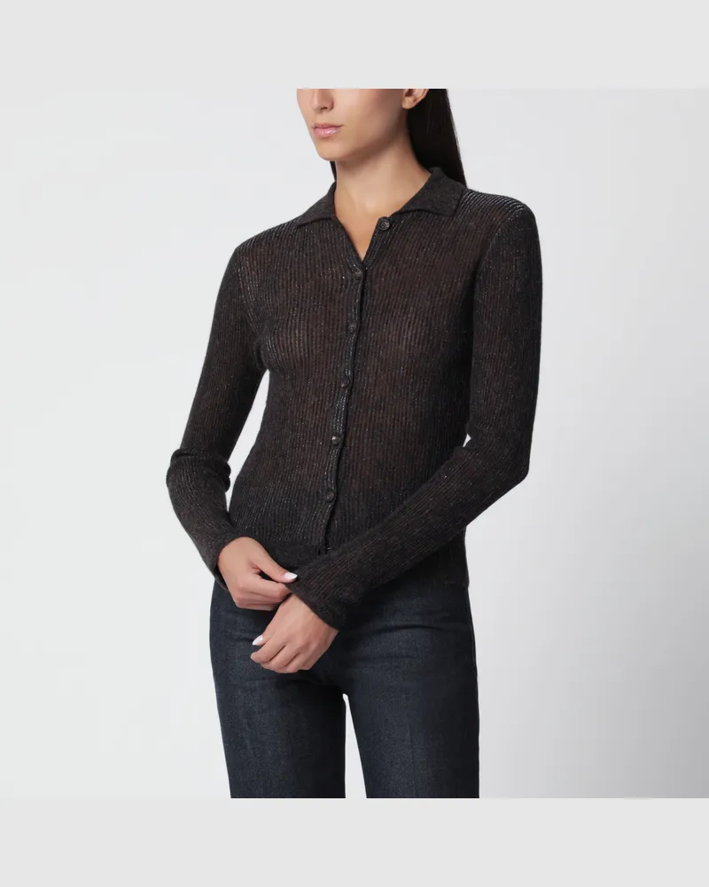 Brunello Cucinelli Gerippte Strickjacke Caffè aus Seide und Alpaka Brown
