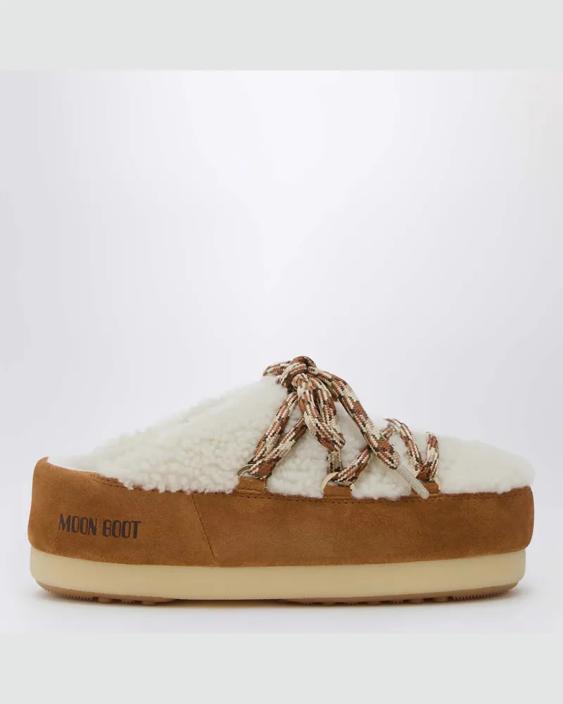 Moon Boot Mules aus weißem Lammfell und Wildleder Brown