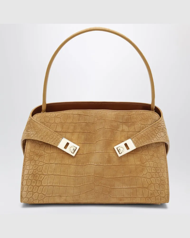 Ferragamo Hug Soft M Schultertasche in Natur mit Krokodileffekt Beige