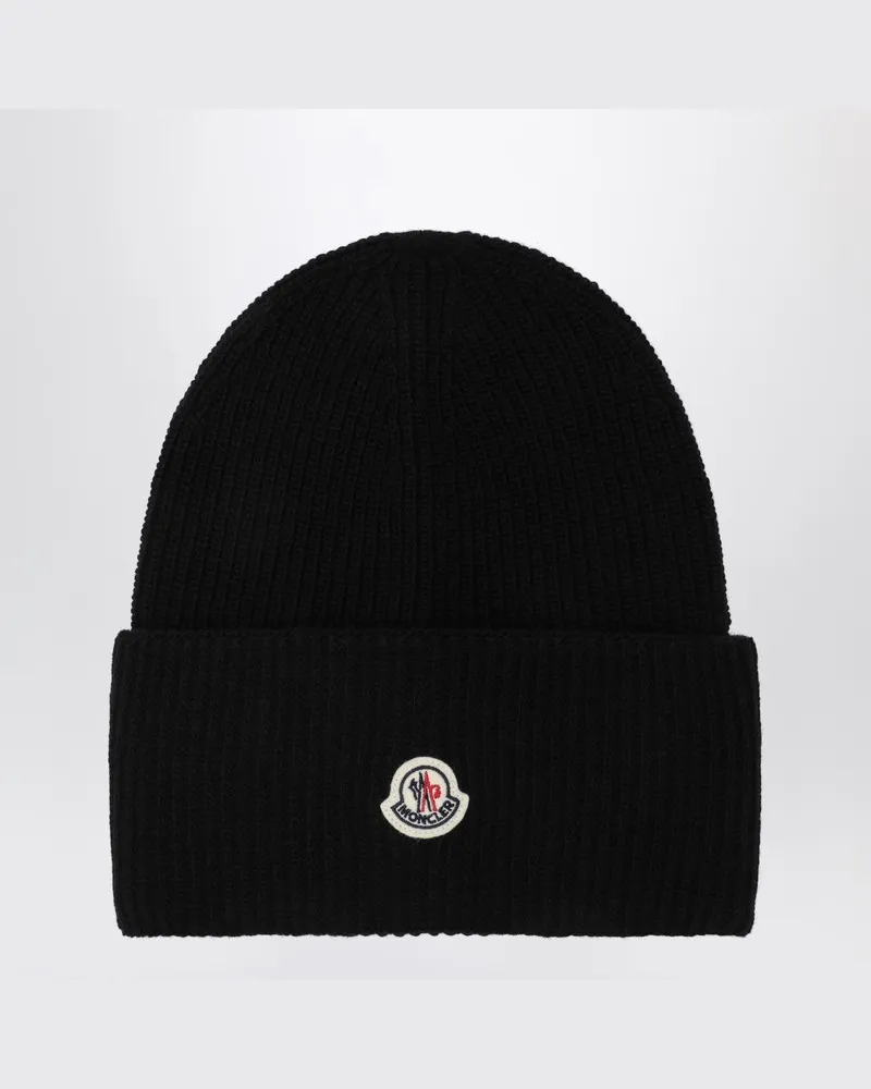Moncler Schwarze Wollmütze mit Logopatch Schwarz