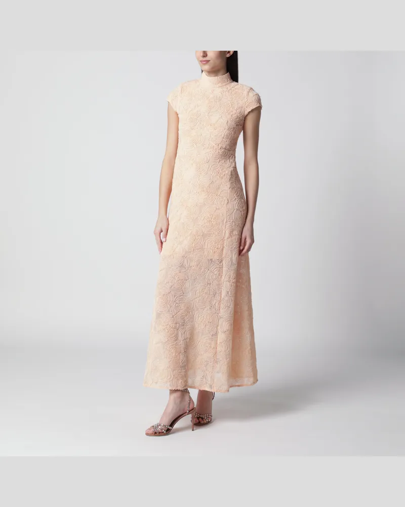 ROTATE Birger Christensen Vanillefarbenes Kleid mit Blumenapplikationen Pink