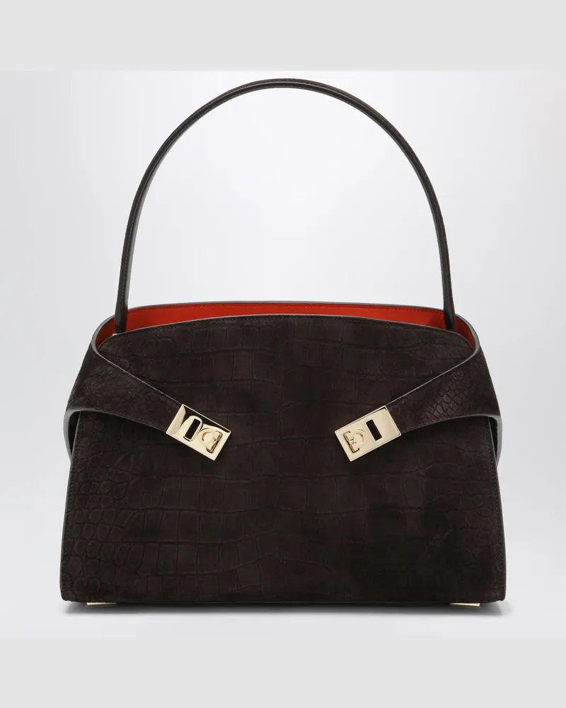 Ferragamo Hug Soft M Schultertasche in Natur mit Krokodileffekt Brown