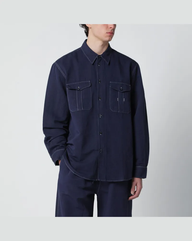 Studio Nicholson Louro Hemd indigoblau aus Baumwolle und Leinen Blue