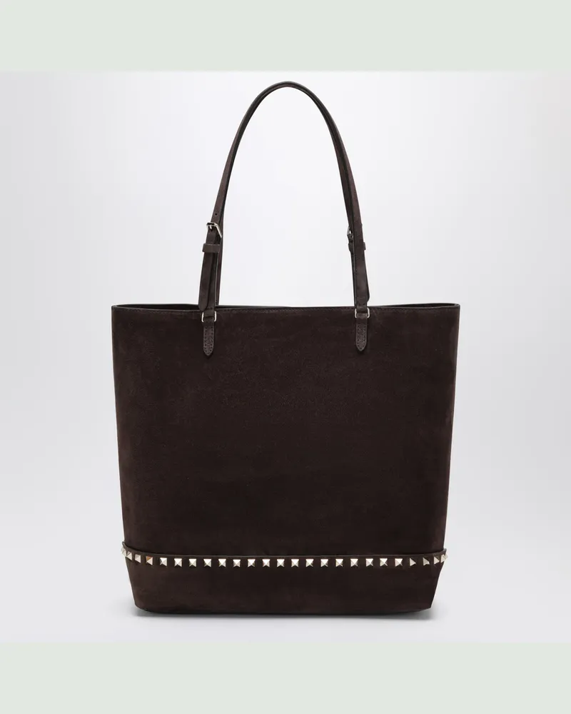 Valentino Garavani Mittelgroße Rockstud Shopper-Tasche aus Wildleder in Ebenholzbraun und Schwarz Brown