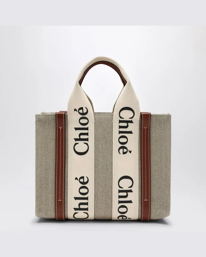 Chloé Kleine Woody-Tasche aus beigem Leinen Beige