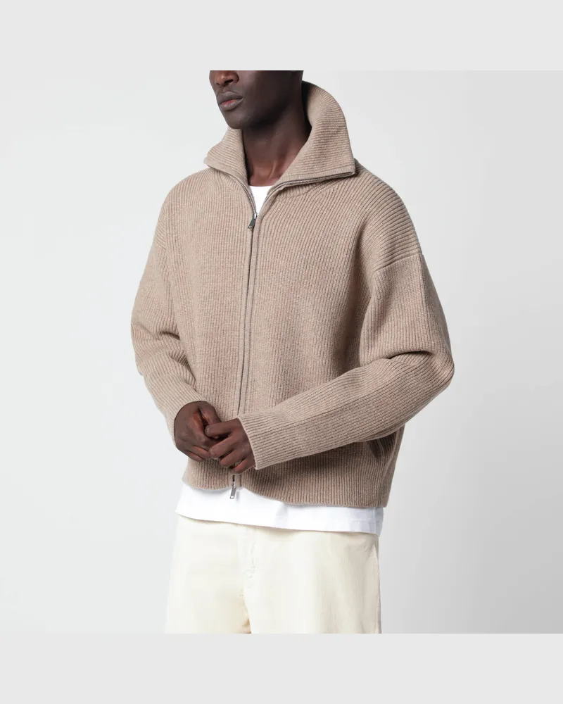 Studio Nicholson Beiger Sandos Cardigan mit Reißverschluss aus Wolle Beige